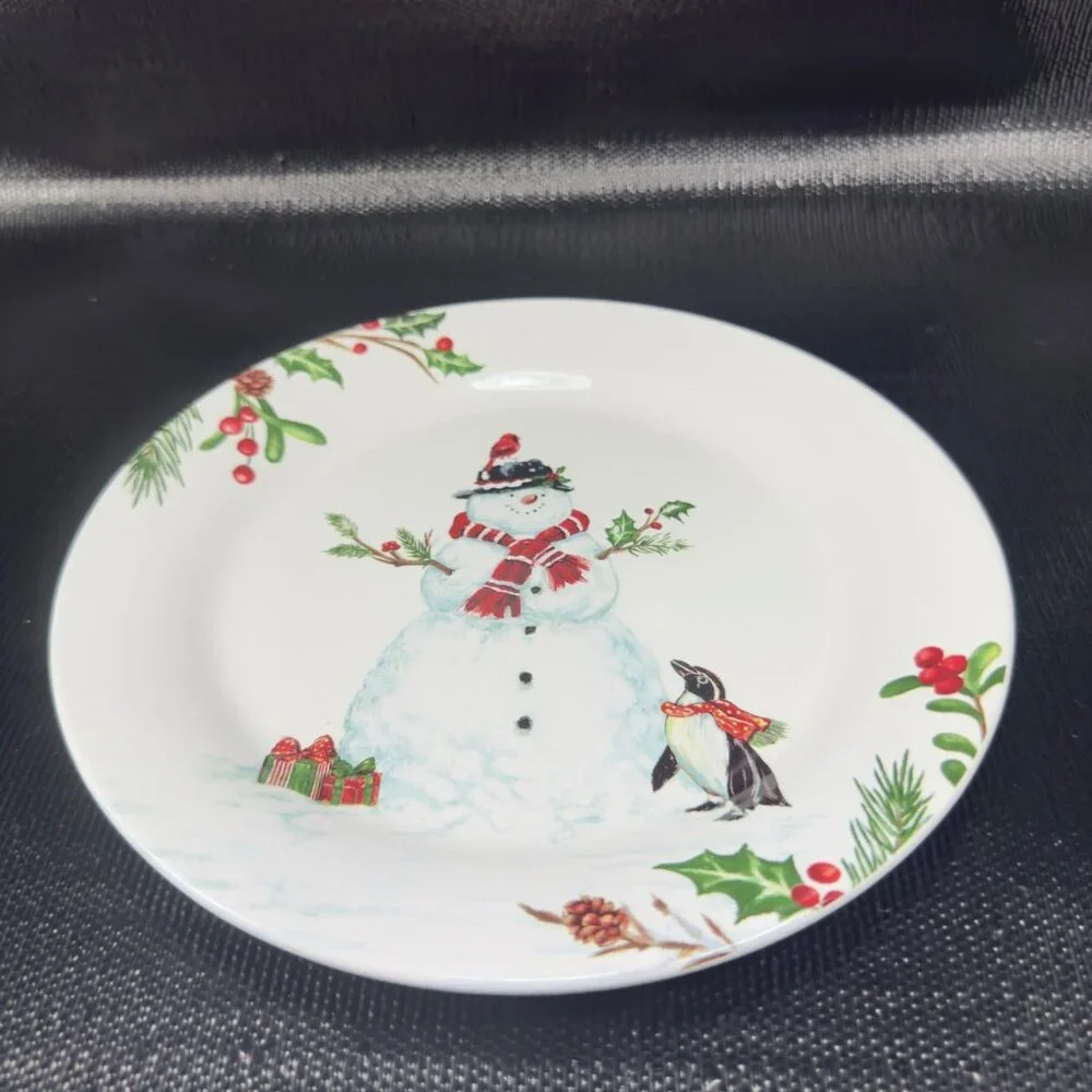 PIER 1 Winter Wonders Ironstone Plate Dish Set 4 Snowman Penguin Christmas 9inch